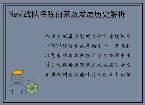 Navi战队名称由来及发展历史解析