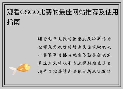 观看CSGO比赛的最佳网站推荐及使用指南