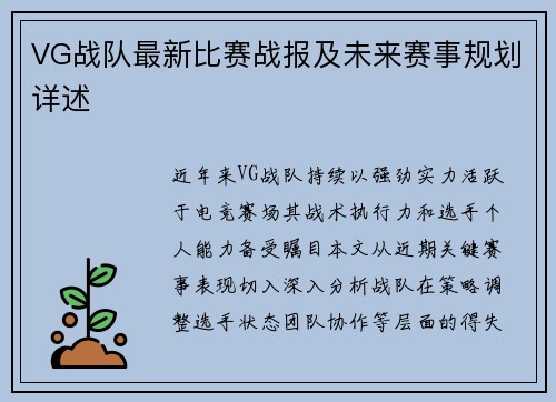 VG战队最新比赛战报及未来赛事规划详述