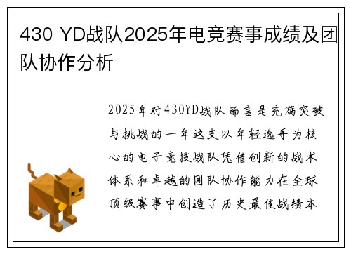 430 YD战队2025年电竞赛事成绩及团队协作分析