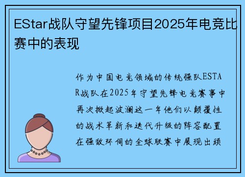 EStar战队守望先锋项目2025年电竞比赛中的表现